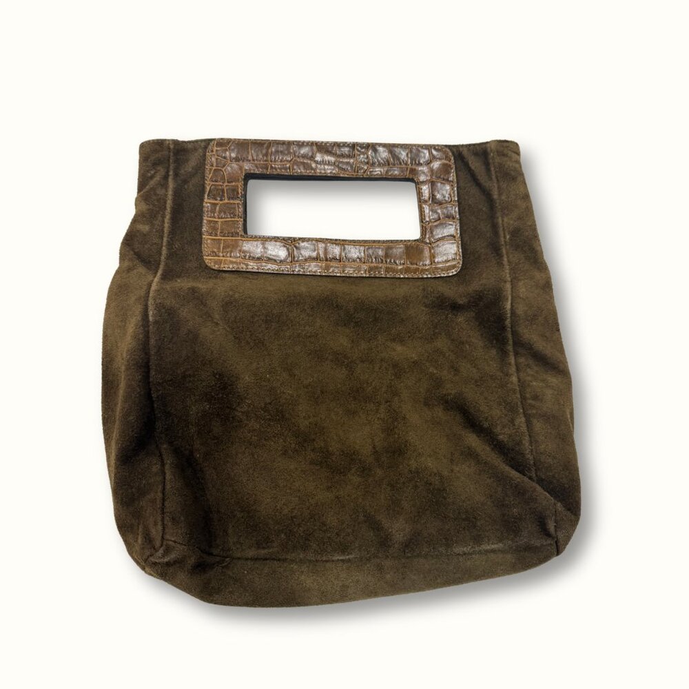 Pulicati Made in Italy Olive Suede Frame Clutch w/ Croc Leather Handle